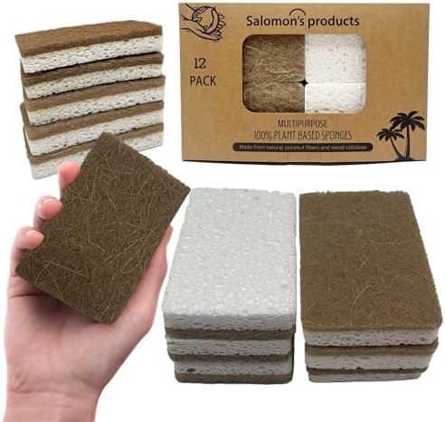 12 Pack Natural Kitchen Sponges - Biodegradable, Compostable, Sustainable Wood Cellulose & Coconut Fiber Sponge for Dishes, Quick Drying & Non Scratch Plant Based Eco Friendly Scrubber for Dishwashing by Unknown