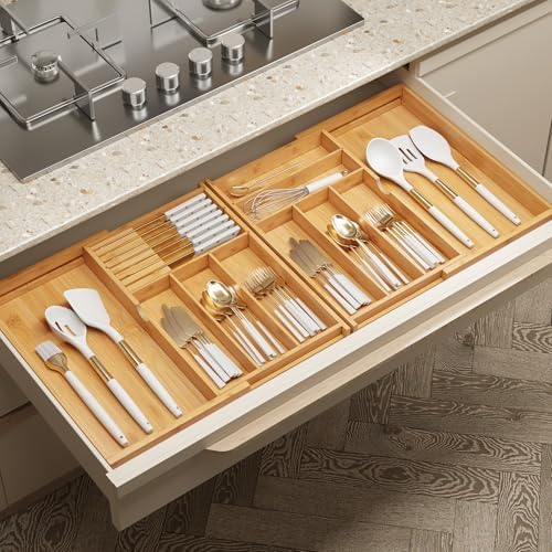 BAMEOS Expandable Silverware Drawer Organizer with Removable Knife Blocks, Bamboo Kitchen Utensil Holder from 21" to 36", Large Cutlery Tray with Divider for Forks, Spoons, Knives - Image 7