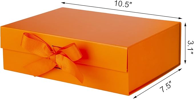 Gift Box with Lid for Presents 10.5x7.5x3.1 Inches with Ribbon and Magnetic Closure(1-Pack) (Orange)