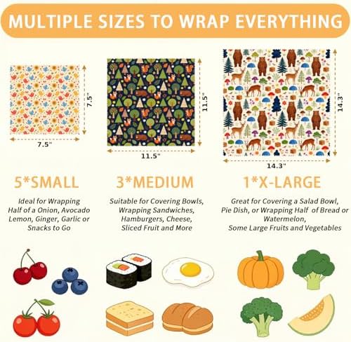 LENARKU Reusable Beeswax Wrap, Forest Animals Wraps, 9 Pack Eco-Friendly Food Storage, Organic Cotton, Sustainable, Zero Waste, Plastic-Free, Sandwich & Snack Covers, 1XL, 3M, 5S - Image 2
