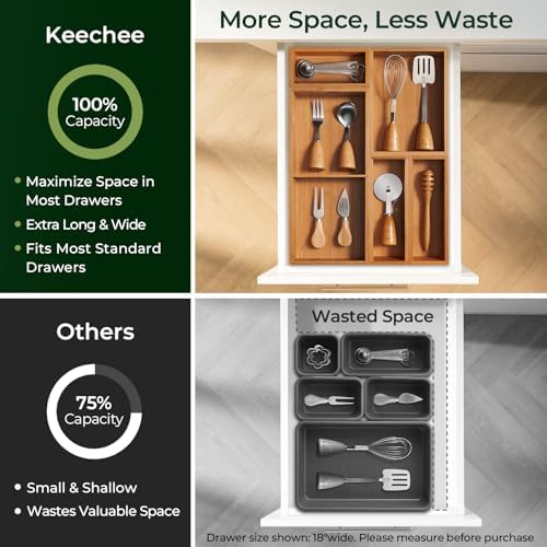 keechee 5-Piece Bamboo Drawer Organizer Set, 2.2" Deep Multi-Use Organizers for Utensils, Silverware, Cutlery, Desk, Bathroom, Junk Drawer & Makeup, Non-Slip Feet Included. - Image 5