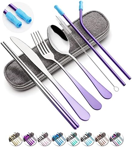 Travel Utensils Set with Case Reusable Portable Cutlery Set Stainless Steel 8pcs Including Dinner Knife Fork Spoon Chopsticks straws (Gradient Purple) by OASMU