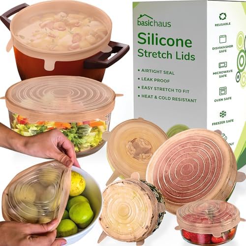Reusable Silicone Stretch Lids for Food Storage in Fridge - Elastic Heat-Resistant Bowl Covers, Cups, Cans, Jars - Universal Food Grade Lid for Round and Rectangle Containers -7 Pack - Peach Glow by BasicHaus