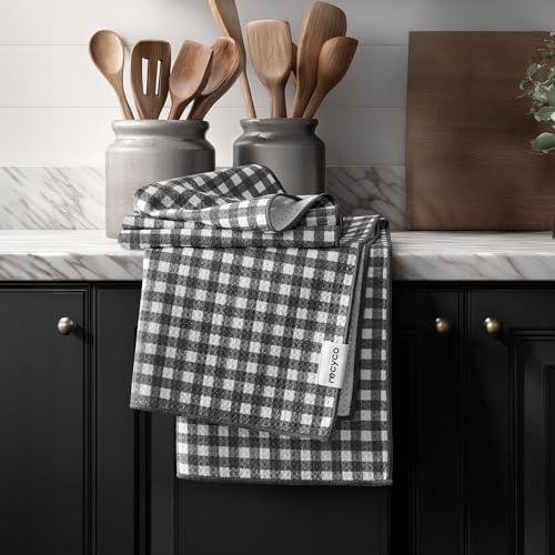 RECYCO Waffle Kitchen Towel Set of 2 - Quick Dry Microfiber Sustainable Dish Towels - Ultra Absorbent Reusable Cleaning Tea Towels - Lightweight Hand Towels,16”x 28”, Dove Gray Plaid by RECYCOHOMECOLLECTION