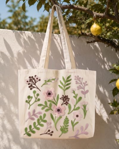 Floral Embroidery Canvas Tote Bag with Magnetic Closure for Daily - Image 3