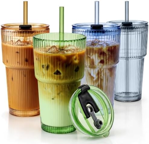 Glass Cups with Lids and Straws, Iced Coffee by CUPLOOV