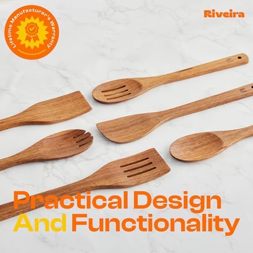 Riveira Teak Wooden Spoons for Cooking Set of 6 – Natural Teak Wooden Cooking Utensils, Wooden Spatula, Wooden Spoon - Premium Quality Utensil Set for Non-Toxic Cooking - Image 6