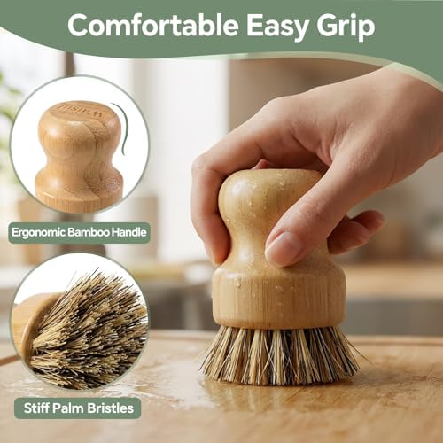 Bamboo Dish Brush Set, 4 Pack, Plastic-Free (2 Medium Sisal, 2 Firm Coconut Coir), Dish Scrubber & Vegetable Brush for Cast Iron, Nonstick - Image 5