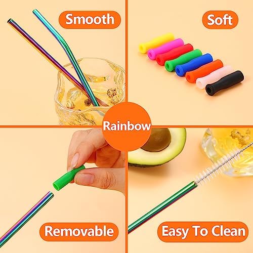 Lazycorner 16 Pcs Short Metal Straw, 6mm 5.5" 6.5" Kids Reusable Straw Silicone Tips Cleaner, Mini Small Stainless Steel Straws Fit 8 10 12 oz Tumbler/Wine Tumblers, Reusable Cocktail Straws(Rainbow) - Image 4