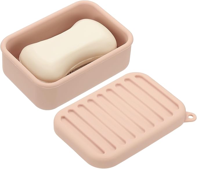 uxcell Shampoo Bar Travel Case, Silicone Leak Proof Soap Bar Case with Draining Layer Soap Container for Traveling, Bathroom, Gym, Camping(4"x2.76"x1.3", Pink)