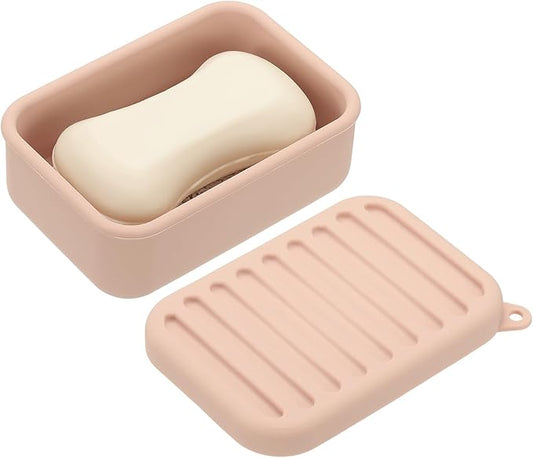 uxcell Shampoo Bar Travel Case, Silicone Leak Proof Soap Bar Case with Draining Layer Soap Container for Traveling, Bathroom, Gym, Camping(4"x2.76"x1.3", Pink)