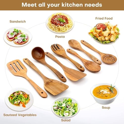 AIUHI Teak Wood 8-Piece Wooden Kitchen Utensils Set, Wooden Spoons for Cooking, Smooth Wood Spatula Set for Nonstick Cookware, Daily Cooking, Housewarming Gift - Image 2
