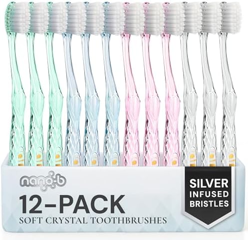 Nano-b Manual Toothbrush Set for Adults with Sensitive Gums, Silver Soft/Medium Bristles, Travel Cases, Blue, Pink, Green, Crystal, 12-Pack by Nano-bPremiumOralCare