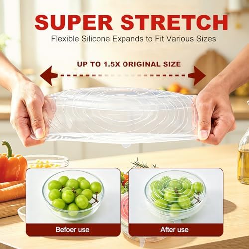Reusable Silicone Stretch Fresh-Keeping Lids, 6 Sizes 2.6/3.6/4.4/5.5/6.3/7.5 Inches Food Storage Covers, Fit Cup, Bowl, Plate, Fruit and Glass Bowl to Keep Food Fresh - Image 2