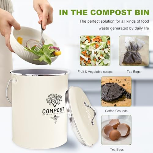 Kitchen Countertop Compost Bin, Odor Resistant Indoor Compost Bin with Lid and Charcoal Filter, Rust Resistant Coated Compost Bucket, Compost Container, Cream - Image 5
