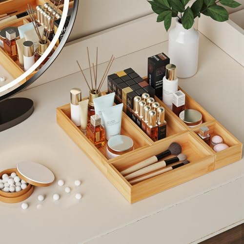 Bamboo Drawer Organizer Boxes, 5 PCS Junk Drawer Organizer, Wooden Storage Trays for Kitchen, Bathroom, Office, Makeup - Image 5