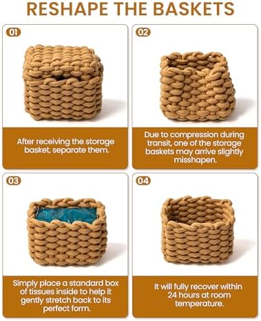 Small Cotton Rope Basket 2 Pack, Khaki White Shelf Bins for Desk Vanity - Image 3