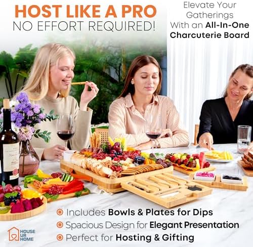 Bamboo Charcuterie Board Gift Set – Housewarming Gift for New Home, Wedding & Bridal Shower Gifts | Large Cheese Board with Hidden Drawers, Knives & Bowls | Perfect for Couples, Hosts & Housewarming - Image 3