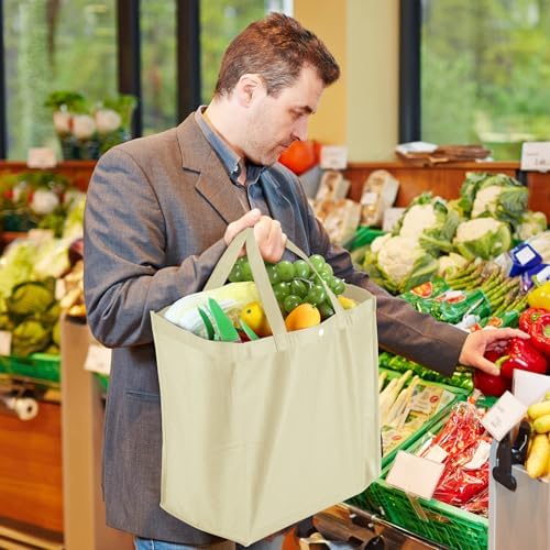Zhehao 60 Pcs Reusable Grocery Bags Bulk Large Foldable Shopping Tote Bags Non Woven with Handle and Plastic Button(Beige) - Image 2