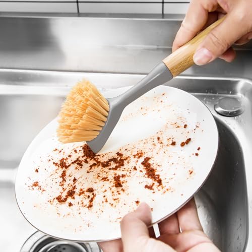 2 Pack Dish Brushes with Bamboo Handle, Kitchen Dish Scrubber Built-in Scraper, Scrub Brush for Pans, Pots, Counter & Kitchen Sink Cleaning, Dishwashing and Cleaning, Perfect Cleaning Tools, Gray - Image 3