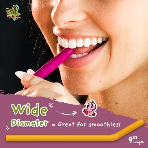 Softy Straws Wide Premium Reusable Silicone Drinking Straws + Patented Straw Squeegee - 9” Long With Curved Bend for 20 30 32 oz Tumblers Non Rubber, Flexible, Safe for Kids/Toddlers, Smoothie - Image 5