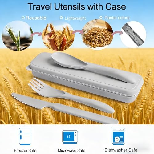 Reusable Travel Utensils Set with Case, 4 Pack Wheat Straw Portable Cutlery - Image 3