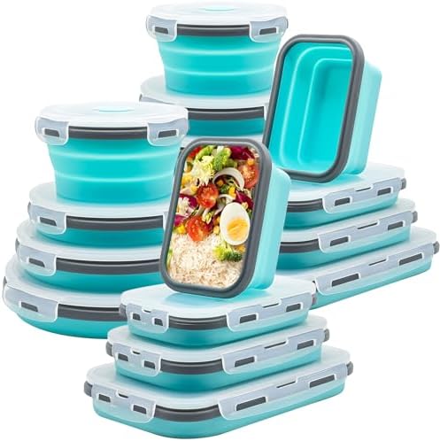 Lunememo 16 Pack Collapsible Silicone Food Storage Containers with Lids, Freezer & Dishwasher Safe, Foldable Lunch Box for Camper, Leftovers, Snacks, Meals, Blue by BringConvenienceHome