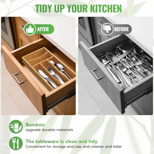 Small Silverware Organizer, Bamboo Kitchen Drawer Cutlery Organizer, Utensil Holder, Flatware Organizer Tray (6.7"x14.2"x1.6") - Image 3