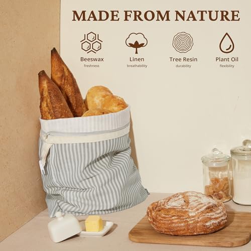 BRONYPRO Reusable Beeswax and Linen Bread Bags with Zipper, 2-Pack Waxed Bread Bags for Homemade Bread & Sourdough, Sustainable Sourdough Loaf Storage to Lock in Freshness, Large 17x12.6in, Grey - Image 2