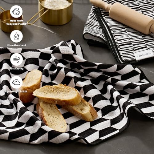 RECYCO Waffle Kitchen Towel Set of 2 - Quick Dry Microfiber Sustainable Dish Towels - Ultra Absorbent Reusable Cleaning Tea Towels - Lightweight Hand Towels,16”x 28”, Black & White Mirage - Image 2