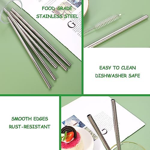 Lazycorner Reusable Stainless Steel Straws Metal Straw with Silicone Tip 5 Pcs 8mm Wide for 20/30/32oz Tumblers Smoothies and Shakes with 2 Cleaning Brushes,1 Portable Bag (Silver) - Image 5