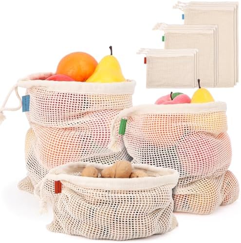 Pack of 12 Reusable Grocery Bags, 3 Sizes (4xS+4xM+4xL) Reusable Shopping Bags Heavy Duty Cotton Bags Mesh Bags for Vegetables, Enhanced Closure Edge, Double Stitched, with Tare Weight by ENPOINT