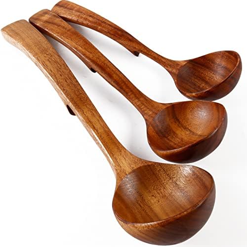 3Pcs Wooden Ladle for Soup, 3Size Natural Teak Wooden Cooking Spoons, Wood Soup Spoon for Serving, Stirring, Non-Stick Heat-Resistant, Kitchen Spoon Sets for Mom and Wife Cooking Gifts by NAYAHOSE