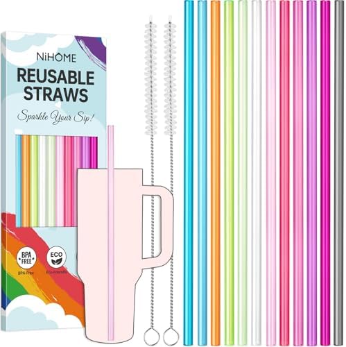 NiHome 12-Pack Plastic Reusable Straws Fit for Stanley 40 30 64 oz Tumbler by NiHome