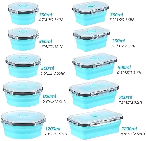 GEMLORD 10 Pieces Collapsible Food Storage Containers Foldable Silicone Lunch Containers with Airtight Lids, 5 Pcs Rectangle and 5 Pcs Round Food Bowls for Kitchen Microwave Freezer Dishwasher Safe - Image 2