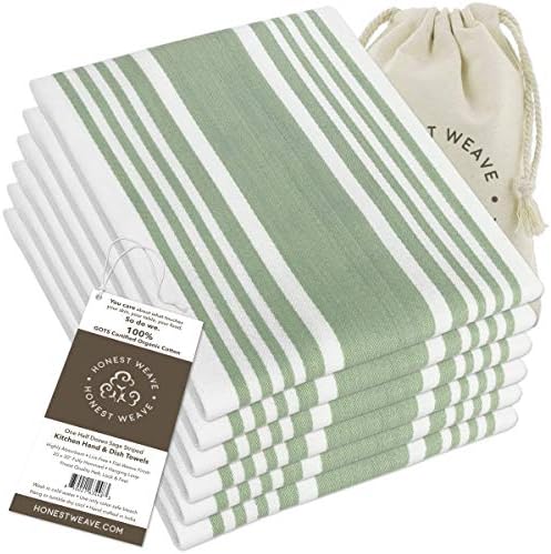 HONEST WEAVE GOTS Certified Organic Cotton Kitchen Hand and Dish Towel Sets - Oversized 20x30 inches, Fully Hemmed, in Designer Colors, 6-Pack, Sage Stripe by HonestWeave