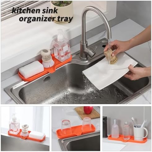 MicoYang Silicone Soap Dish with Drain Spout — Self-Draining Double Sink Organizer Tray for Kitchen & Bathroom, Dispensers, Sponges & Soap Holder, Non-Slip & Dishwasher Safe, Orange (Large, 12"×4") - Image 5