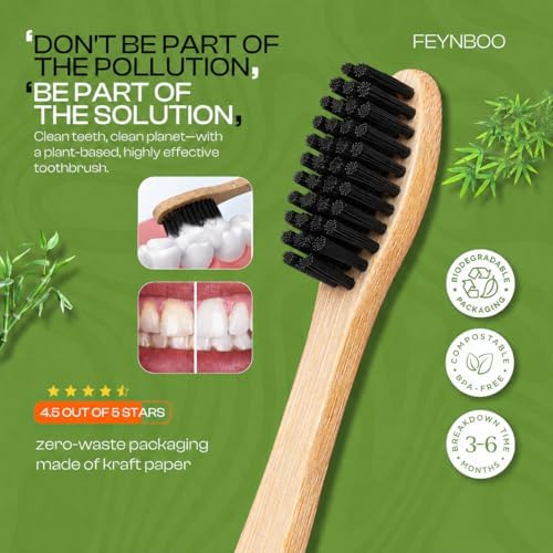 Bamboo Toothbrushes Hard Bristles 6 Pack - BPA Free Bristles Toothbrushes for Adults - Eco-Friendly, Natural Wooden Toothbrush (Light Brown, Black). - Image 6
