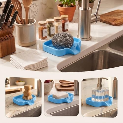 MicoYang Silicone Soap Dish with Drain Spout, Self-Draining Sink Organizer Tray for Bathroom & Kitchen, Sponges, Dispensers & Soap Holder, Non-Slip and Dishwasher Safe, Light Blue (Compact, 4.9"×3.2") - Image 3