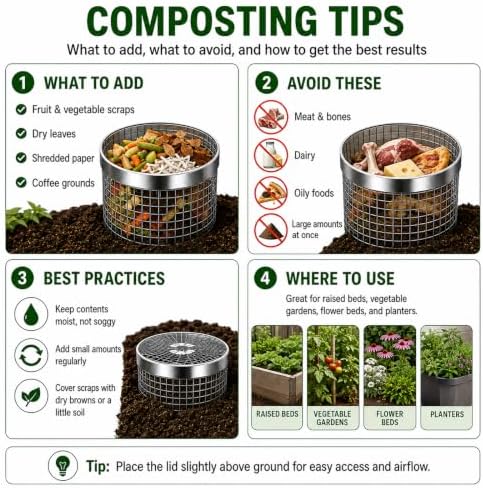 4PCS Inground Worm Composting Bin Turn Food Waste into Nutrient-Rich Soil Increase Soil Fertility Stainless Steel Composting Bin with Holes and Lid for Outdoor Garden Vegetable Patch Backyard - Image 2