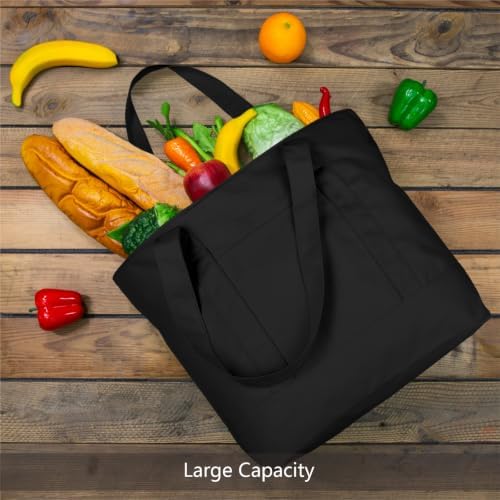 TOPDesign 1-Pack Canvas Tote Bag with an External Pocket, Reusable Grocery Shopping Bag, Top Zipper Closure, Daily Essentials (Black) - Image 3