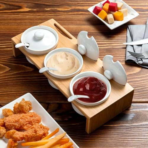 MyGift 10 Pcs Sauce Serving Dish, Hosting Party Essentials Host Gift, 3 Ceramic Ramekin Chip Dip Bowls with Lids & Spoons, Premium Bamboo Server Tray, Condiment Pot Entertaining - Image 3