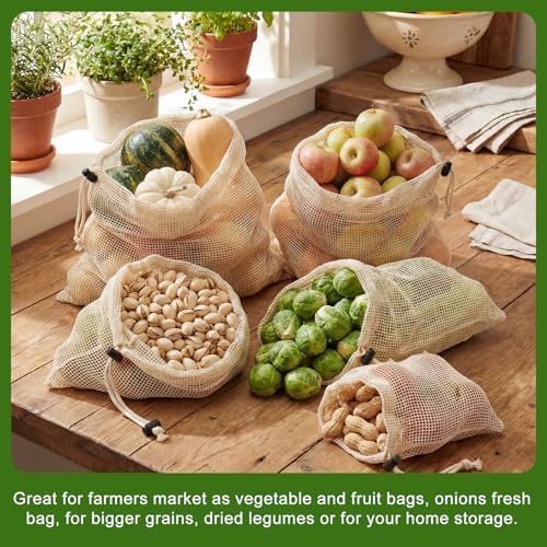 10 Pcs 15 x 12 in Reusable Produce Bags Grocery Washable, Cotton Mesh Produce Bags Plastic Free, Drawstring Closure, Double-stitched Organic Cotton Mesh Grocery Bag for Vegetables Fruit Onions - Image 5