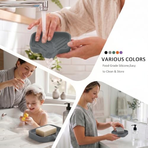 MicoYang Silicone Soap Dish with Drain Spout, Self-Draining Sink Organizer Tray for Bathroom and Kitchen, Sponges, Dispensers and Soap Holder, Non-Slip and Dishwasher Safe, Grey (Compact, 4.9"×3.2") - Image 4