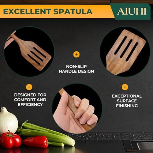 AIUHI Teak Wood Spatula for Cooking, Durable Flat Turner and Slotted Spatula for Nonstick Cookware, Long Handle Natural Wooden Cooking Utensils 2 Pieces - Image 5
