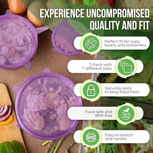Reusable Silicone Stretch Lids for Food Storage in Fridge - Elastic Heat-Resistant Bowl Covers, Cups, Cans, Jars - Universal Food Grade Lid for Containers - 7 Pack - Purple Stretchy Lid Set - Image 3