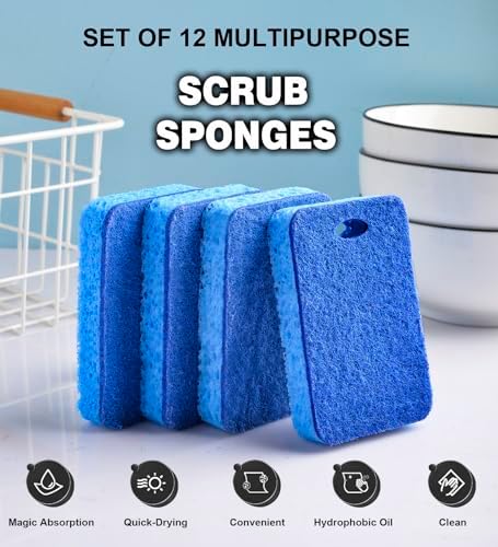 METUUTER 12-Count Scrub Sponges Kitchen Sponge Heavy Duty, Cellulose Sponges with Scouring Pads Dual-Sided for Kitchen and Household Use (Square-Blue) - Image 4