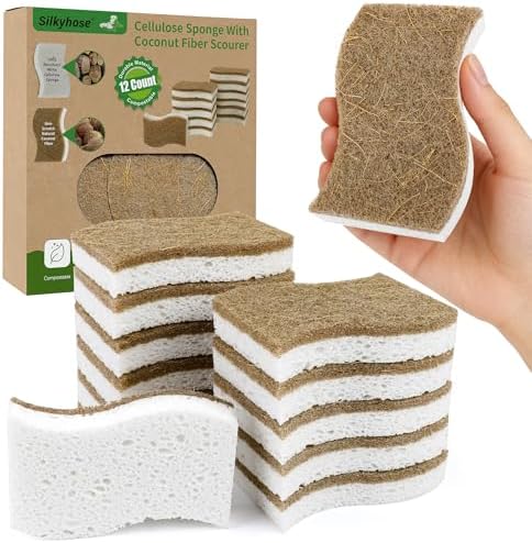 Silkyhose 12 Pack Natural Kitchen Sponges, Cellulose Coconut & Non-Scratch by Silkyhose