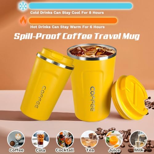 SPLMIFA Travel coffee mugs leak-proof, reusable coffee cup with lid, stainless steel vacuum insulated coffee tumblers, thermal insulation cups for men & women keep drinks hot & cold (2nd-Yellow, 17OZ) - Image 2