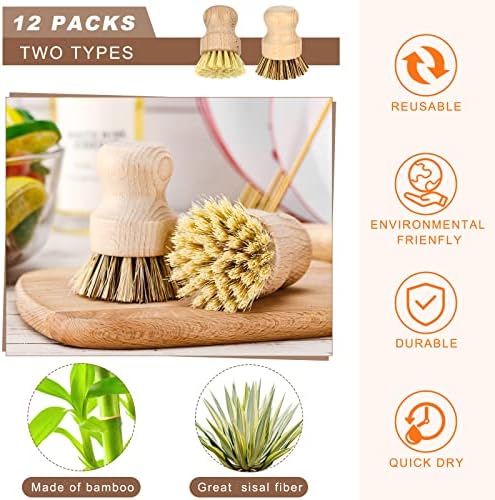 Queekay 12 Pcs Bamboo Dish Brush, Sisal Bristle Scrubber for Pot Pan Sink - Image 2